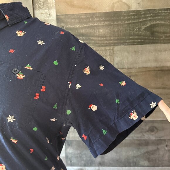 Men's Navy holiday button up shirt xlarge Santa elf Christmas tree reindeer - Picture 2 of 10